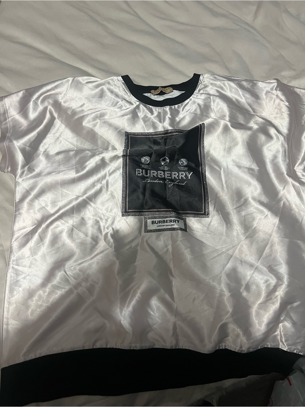 Burberry White Satin Crewneck with Black Logo Patch